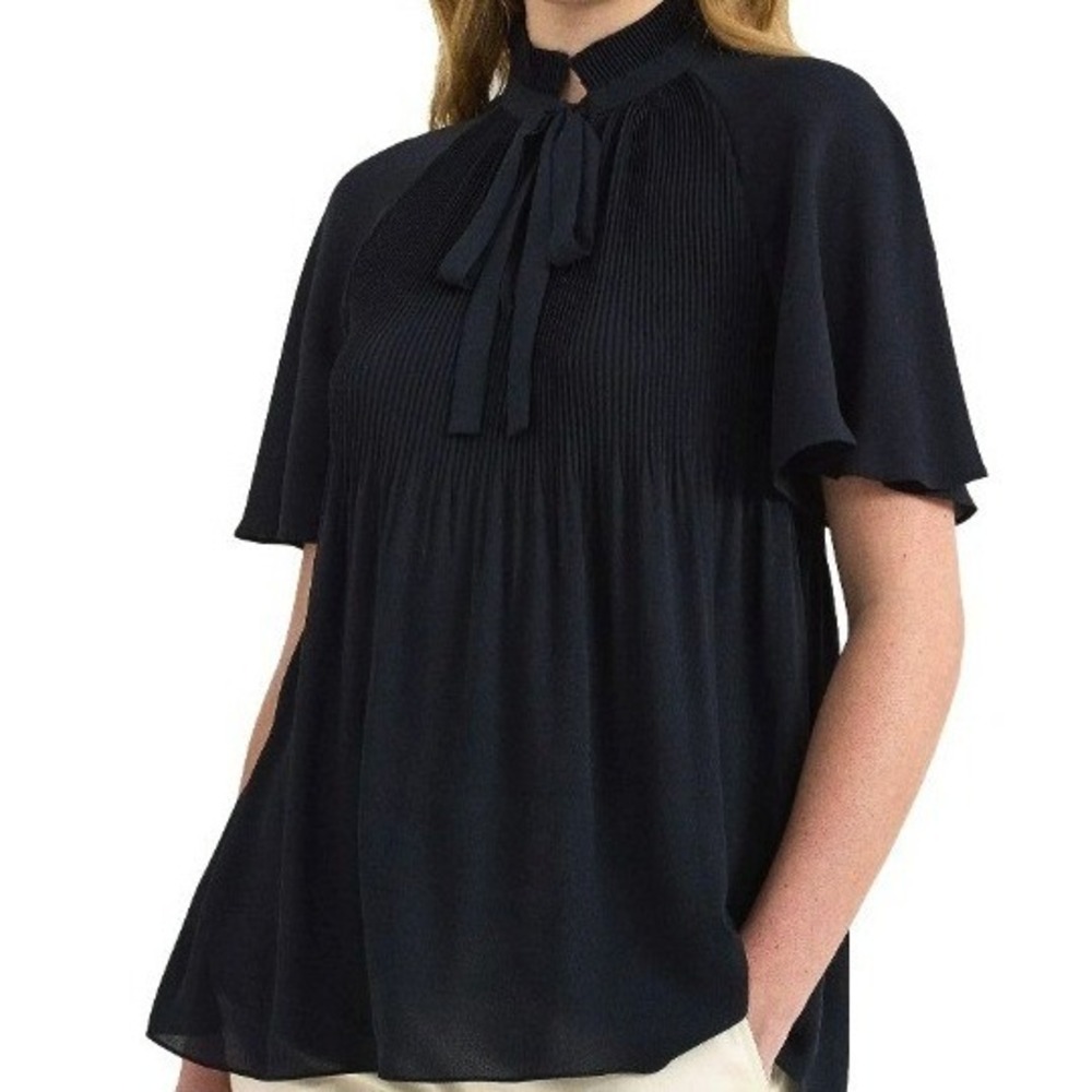 Lauren Ralph Lauren Black Flutter Sleeve Tie-Neck Blouse
